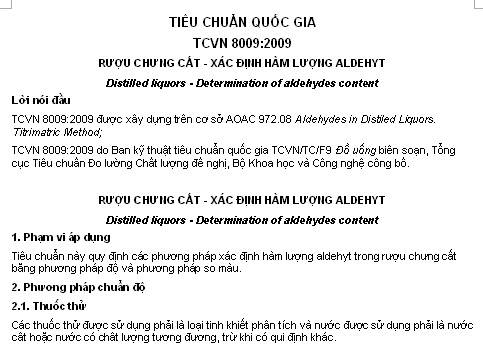 TCVN 8009-2009 - Rượu Chưng Cất - Xác Định Hàm Lượng Aldehyt