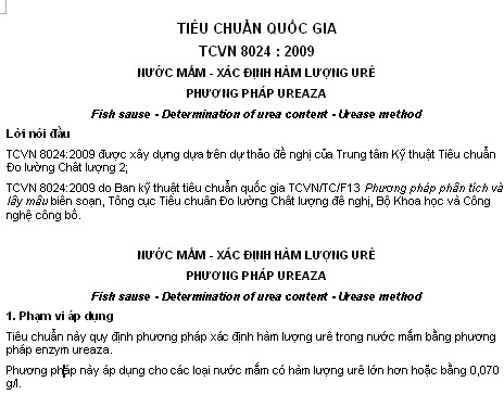 TCVN 8024-2009 - Nước Mắm - Xác Định Hàm Lượng Urê - Phương Pháp Ureaza