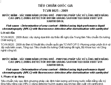 TCVN 8025-2009 - Nước Mắm - Xác Định Hàm Lượng Urê - Phương Pháp Sắc Ký Lỏng Hiệu Năng Cao (HPLC)