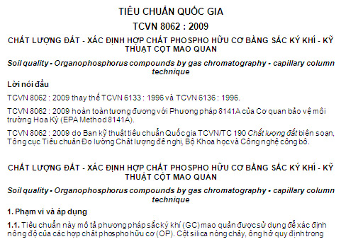TCVN 8062-2009 - Chất Lượng Đất - Xác Định Hợp Chất Phospho Hữu Cơ Bằng Sắc Ký Khí