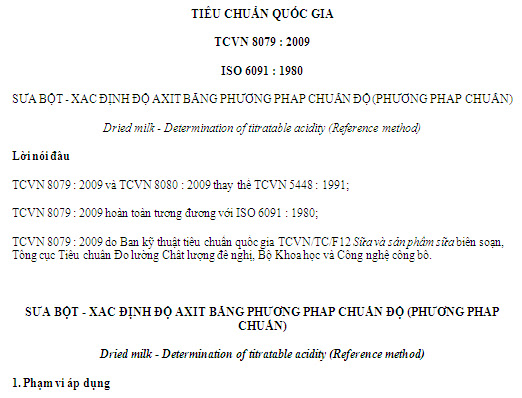 TCVN 8079-2013 - Sữa Bột - Xác Định Độ Axit Bằng Phương Pháp Chuẩn Độ (Phương Pháp Chuẩn)