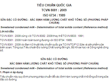 TCVN 8081-2009 - Sữa Đặc Có Đường - Xác Định Hàm Lượng Chất Khô Tổng Số (Phương Pháp Chuẩn)