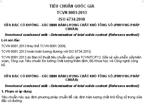 TCVN 8081-2013 - Sữa Đặc Có Đường - Xác Định Hàm Lượng Chất Khô Tổng Số (Phương Pháp Chuẩn)