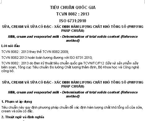 TCVN 8082-2013 - Sữa Cream Và Sữa Cô Đặc - Xác Định Hàm Lượng Chất Khô Tổng Số (Phương Pháp Chuẩn)