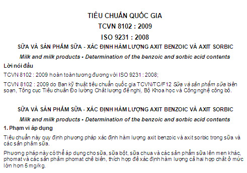 TCVN 8102-2009 - Sữa Và Sản Phẩm Sữa - Xác Định Hàm Lượng Axit Benzoic Và Axit Sorbic