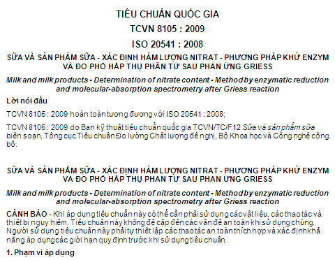 TCVN 8105-2009 - Sữa Và Sản Phẩm Sữa - Xác Định Hàm Lượng Nitrat - Phương Pháp Khử Enzym