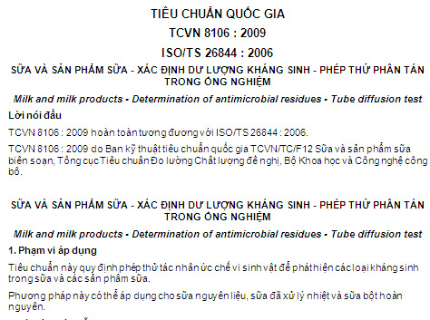 TCVN 8106-2009 - Sữa Và Sản Phẩm Sữa - Xác Định Dư Lượng Kháng Sinh