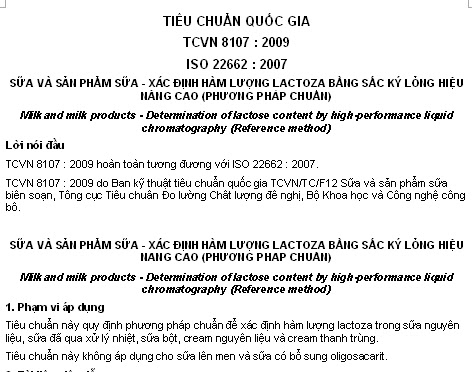 TCVN 8107-2009 - Sữa Và Sản Phẩm Sữa - Xác Định Hàm Lượng Lactoza Bằng Sắc Ký Lỏng Hiệu Năng Cao
