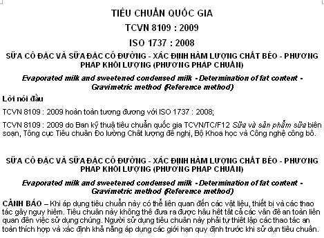 TCVN 8109-2009 - Sữa Cô Đặc Và Sữa Đặc Có Đường - Xác Định Hàm Lượng Chất Béo