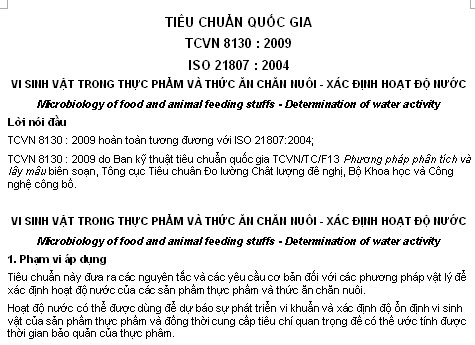 TCVN 8130-2009 - Vi Sinh Vật Trong Thực Phẩm Và Thức Ăn Chăn Nuôi - Xác Định Hoạt Độ Nước