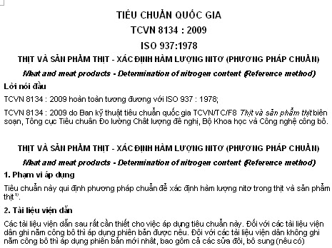 TCVN 8134-2009 - Thịt Và Sản Phẩm Thịt - Xác Định Hàm Lượng Nitơ (Phương Pháp Chuẩn)