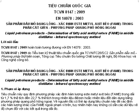 TCVN 8147-2009 - Sản Phẩm Dầu Mỏ Dạng Lỏng - Xác Định Este Metyl Axit Béo (Fame) Trong Phần Cất Giữa
