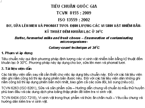 TCVN 8155-2009 - Bơ Sữa Lên Men Và Phomat Tươi - Định Lượng Các Vi Sinh Vật Nhiễm Bẩn