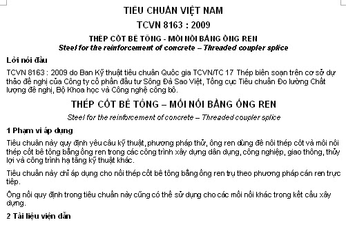 TCVN 8163-2009 - Thép Cốt Bê Tông - Mối Nối Bằng Ống Ren