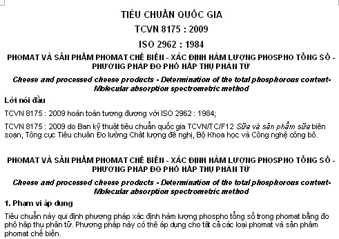 TCVN 8175-2009 - Phomat Và Sản Phẩm Phomat Chế Biến - Xác Định Hàm Lượng Phospho Tổng Số