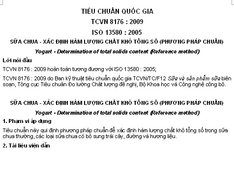 TCVN 8176-2009 - Sữa Chua - Xác Định Hàm Lượng Chất Khô Tổng Số (Phương Pháp Chuẩn)