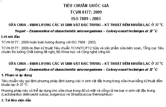 TCVN 8177-2009 - Sữa Chua - Định Lượng Các Vi Sinh Vật Đặc Trưng - Kỹ Thuật Đếm Khuẩn Lạc Ở 37 Độ C