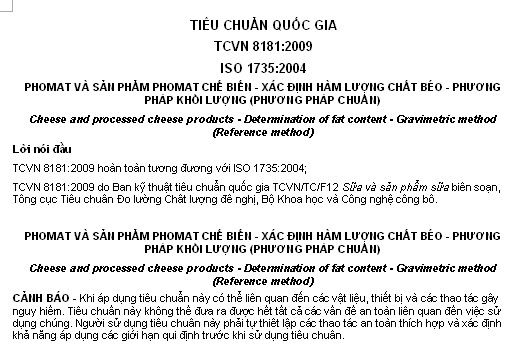 TCVN 8181-2009 - Phomat Và Sản Phẩm Phomat Chế Biến - Xác Định Hàm Lượng Chất Béo
