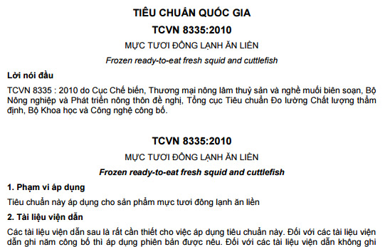 TCVN 8335-2010 - Mực Tươi Đông Lạnh Ăn Liền