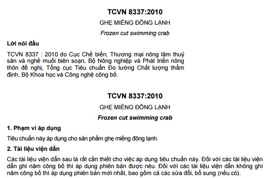 TCVN 8337-2010 - Ghẹ Miếng Đông Lạnh
