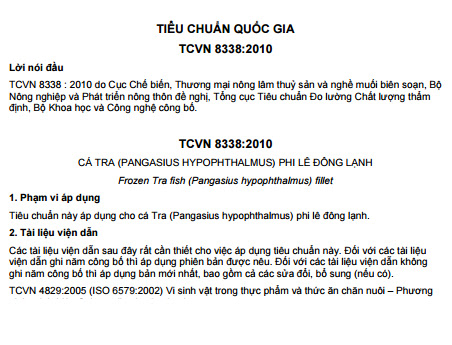 TCVN 8338-2010 - Cá Tra (Pangasius Hypophthalmus) Philê Đông Lạnh