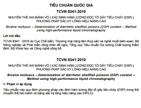 TCVN 8341-2010 - Nhuyễn Thể Hai Mảnh Vỏ Xác Định Hàm Lượng Độc Tố Gây Tiêu Chảy (DSP)
