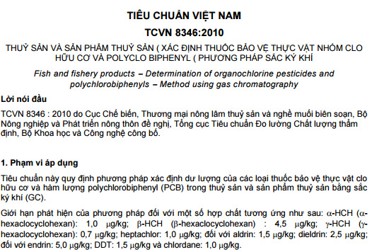 TCVN 8346-2010 - Thủy Sản Và Sản Phẩm Thủy Sản - Xác Định Thuốc Bảo Vệ Thực Vật Nhóm Clo Hữu Cơ