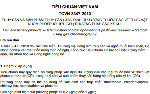 TCVN 8347-2010 - Thủy Sản Và Sản Phẩm Thủy Sản - Xác Định Dư Lượng Thuốc Bảo Vệ Thực Vật
