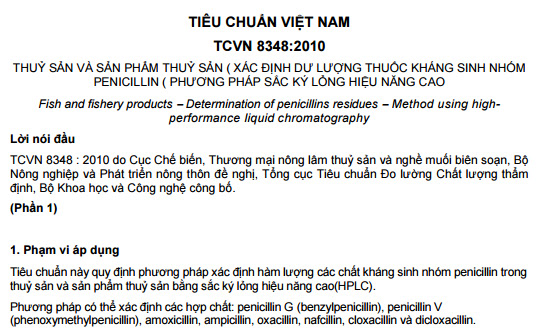 TCVN 8348-2010 - Thủy Sản Và Sản Phẩm Thủy Sản -  Xác Định Dư Lượng Thuốc Kháng Sinh Nhóm Penicillin