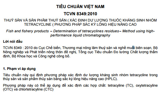 TCVN 8349-2010 - Thủy Sản Và Sản Phẩm Thủy Sản - Xác Định Dư Lượng Thuốc Kháng Sinh Nhóm Tetracyclin