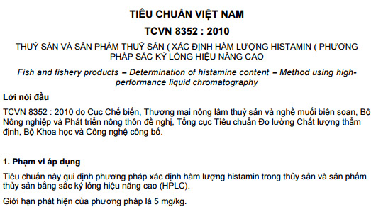 TCVN 8352-2010 - Thủy Sản Và Sản Phẩm Thủy Sản - Xác Định Hàm Lượng Histamin