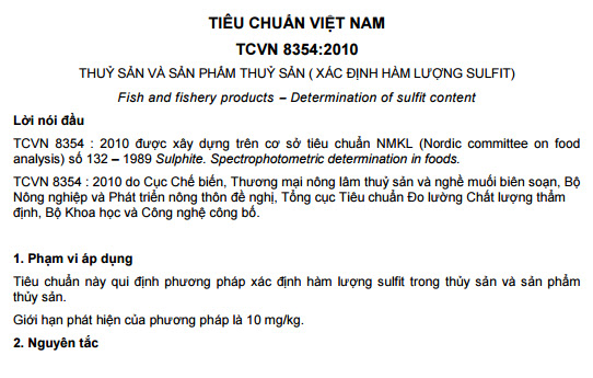 TCVN 8354-2010 - Thủy Sản Và Sản Phẩm Thủy Sản - Xác Định Hàm Lượng Sulfit