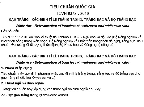 TCVN 8372-2010 - Gạo trắng - Xác Định Tỉ Lệ Trắng Trong Trắng Bạc Và Độ Trắng Bạc
