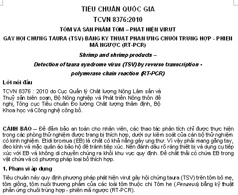 TCVN 8376-2010 - Tôm Và Sản Phẩm Tôm - Phát Hiện Virut Gây Hội Chứng Taura (TSV)