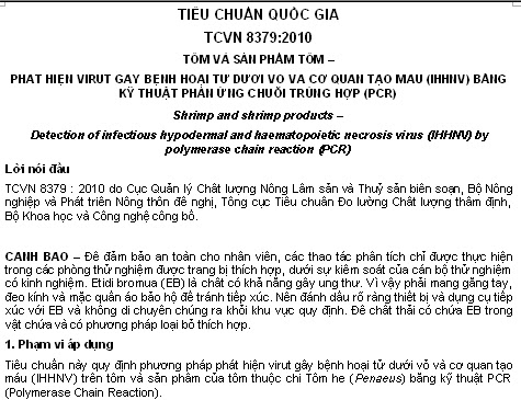 TCVN 8379-2010 - Tôm Và Sản Phẩm Tôm - Phát Hiện Virut Gây Bệnh Hoại Tử Dưới Vỏ Và Cơ Quan Tạo Máu
