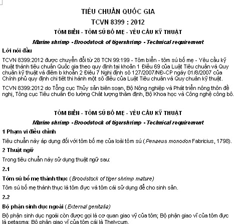 TCVN 8399-2012 - Tôm Biển - Tôm Sú Bố Mẹ - Yêu Cầu Kỹ Thuật
