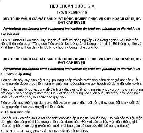 TCVN 8409-2010 - Quy Trình Đánh Giá Đất Sản Xuất Nông Nghiệp Phục Vụ Quy Hoạch Sử Dụng Đất Cấp Huyện