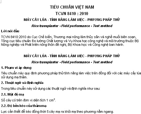 TCVN 8410-2010 - Máy Cấy Lúa - Tính Năng Làm Việc - Phương Pháp Thử