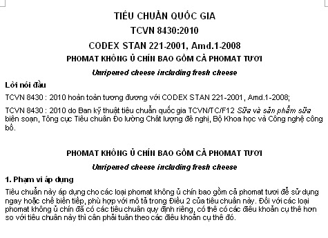 TCVN 8430-2010 - Phomat Không Ủ Chín Bao Gồm Cả Phomat Tươi