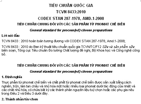 TCVN 8433-2010 - Tiêu Chuẩn Chung Đối Với Các Sản Phẩm Từ Phomat Chế Biến