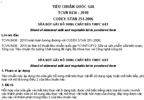 TCVN 8436-2010 - Sữa Bột Gầy Bổ Sung Chất Béo Thực Vật
