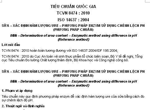 TCVN 8474-2010 - Sữa - Xác Định Hàm Lượng Ure - Phương Pháp Enzym Sử Dụng Chênh Lệch ph