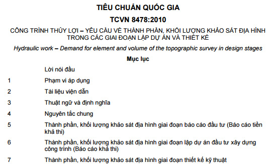 TCVN 8478-2010 - Công Trình thủy Lợi - Yêu Cầu Về Thành Phần Khối Lượng Khảo Sát Địa Hình