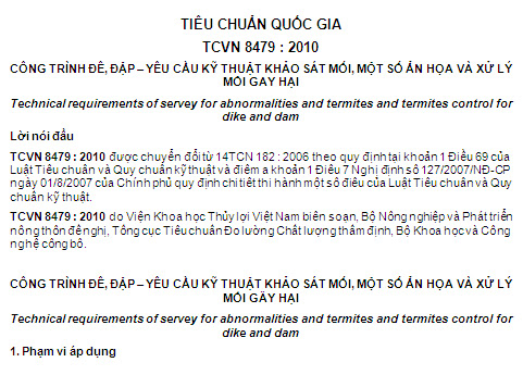 TCVN 8479-2010 - Công Trình Đê Đập - Yêu Cầu Kỹ Thuật Khảo Sát Mối Một Số Ẩn Họa