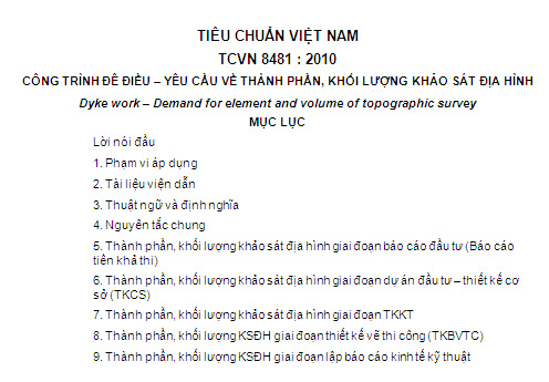 TCVN 8481-2010 - Công Trình Đê Điều - Yêu Cầu Về Thành Phần Khối Lượng Khảo Sát Địa Hình