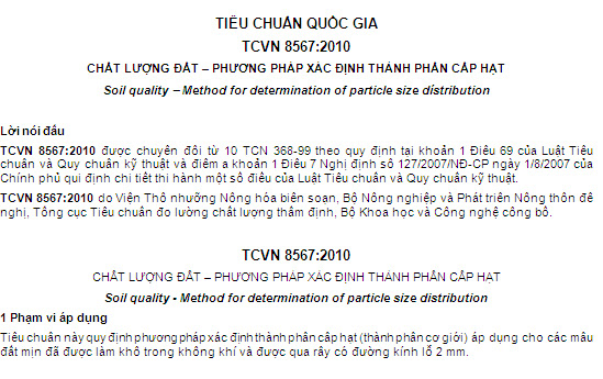 TCVN 8567-2010 - Chất Lượng Đất - Phương Pháp Xác Định Thành Phần Cấp Hạt