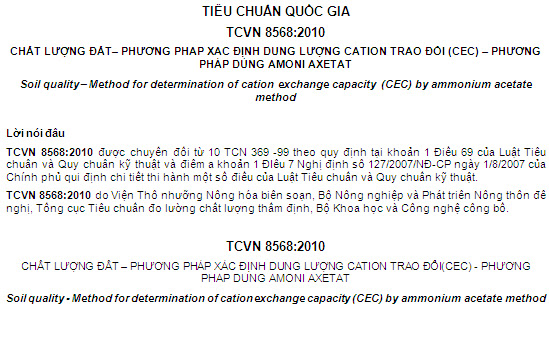 TCVN 8568-2010 - Chất Lượng Đất - Phương Pháp Xác Định Dung Lượng Cation Trao Đổi (Cec)