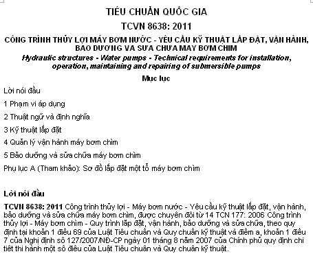 TCVN 8638-2011 - Công Trình Thủy Lợi Máy Bơm Nước - Yêu Cầu Kỹ Thuật Lắp Đặt Vận Hành Bảo Dưỡng