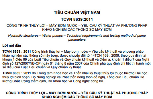 TCVN 8639-2011 - Công Trình Thủy Lợi - Máy Bơm Nước - Yêu Cầu Kỹ Thuật Và Phương Pháp Khảo Nghiệm