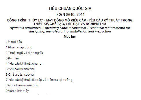 TCVN 8640-2011 - Công Trình Thủy Lợi - Máy Đóng Mở Kiểu Cáp - Yêu Cầu Kỹ Thuật Trong Thiết Kế
